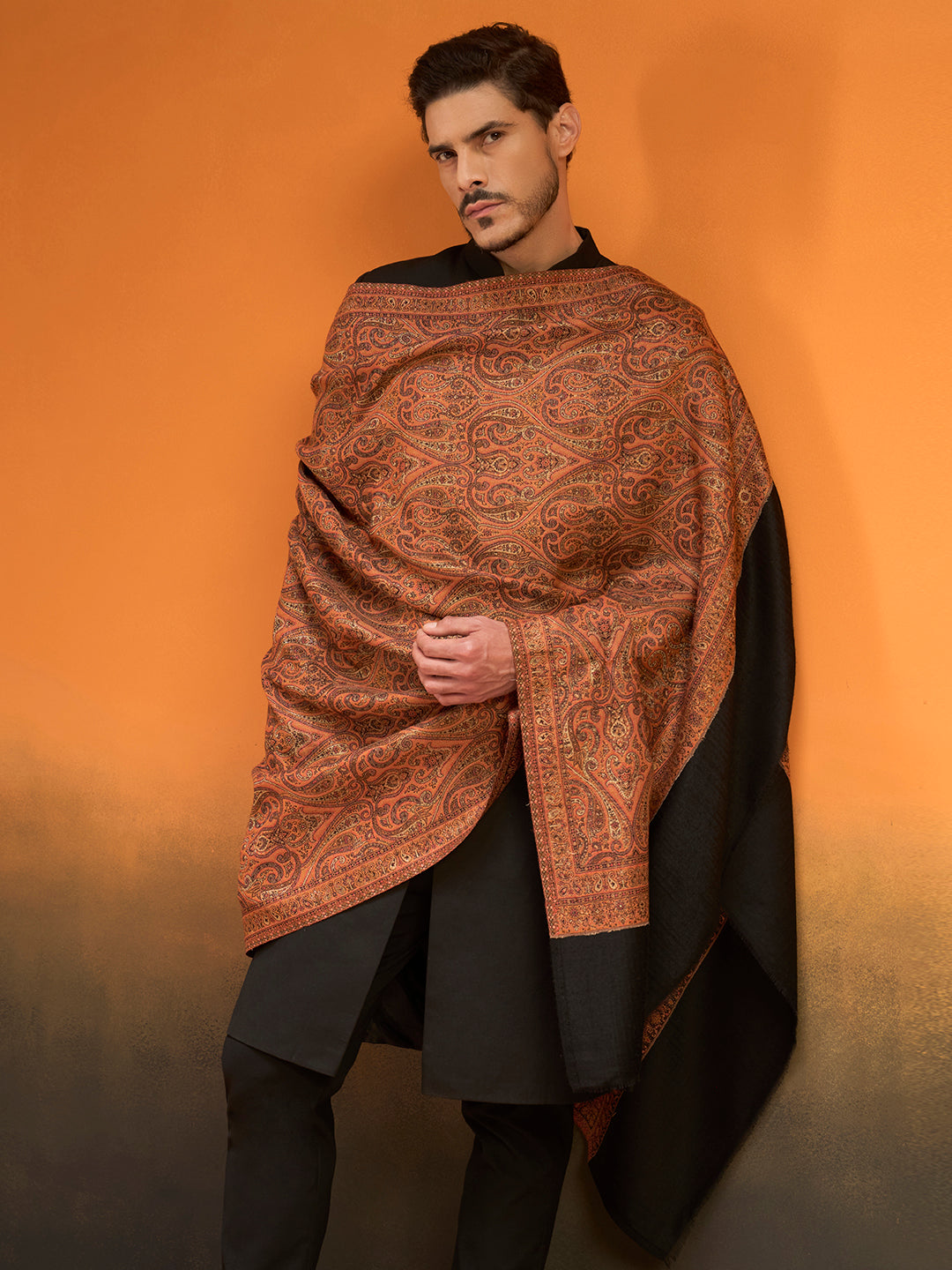 Pashmoda Men Regal Reversible Kaani Zari Shawl, Rich All-Over Zari Woven Design, Authentic Kashmiri Pashmina Style Wrap, Medium Gents Lohi, Gift Box Packed, Black Colour (40 x 80 Inches)