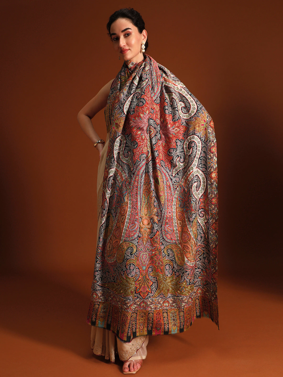 Women Stained Glass Fine Wool Fabric Kalamkari Embroidered Shawl,