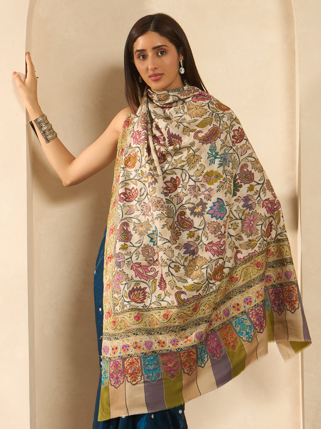 Women Nazakat Fine Wool Fabric Kalamkari Embroidered Shawl,
