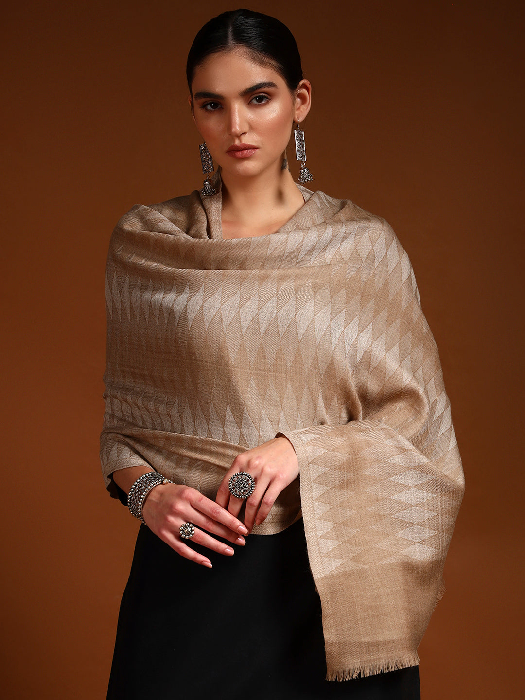 Women 100% Pure Wool Checkered Stole, Sustainable and Natural Fabric (Size 71x203 CM)