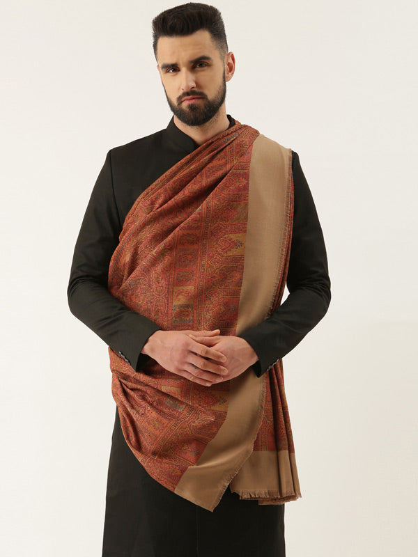 Men Jamawar Shawl, Authentic Kashmiri Luxury Pashmina Style Shawl, Size: 101x203 CM, Beige Color