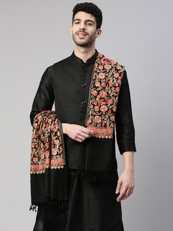 Men Aari Embroidered Shawl (Size : 71X203 CM, Black Color)