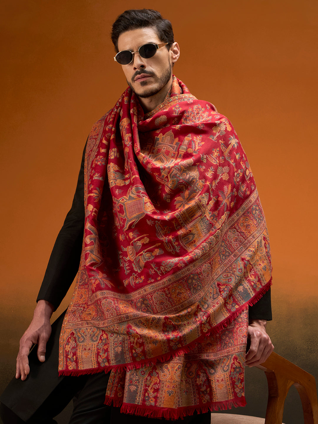 Pashmoda Men Gulrukh Reversible Kaani Zari Shawl, Rich All-Over Zari Woven Design, Authentic Kashmiri Pashmina Style Wrap, Medium Gents Lohi, Gift Box Packed, Maroon Colour (40 x 80 Inches)