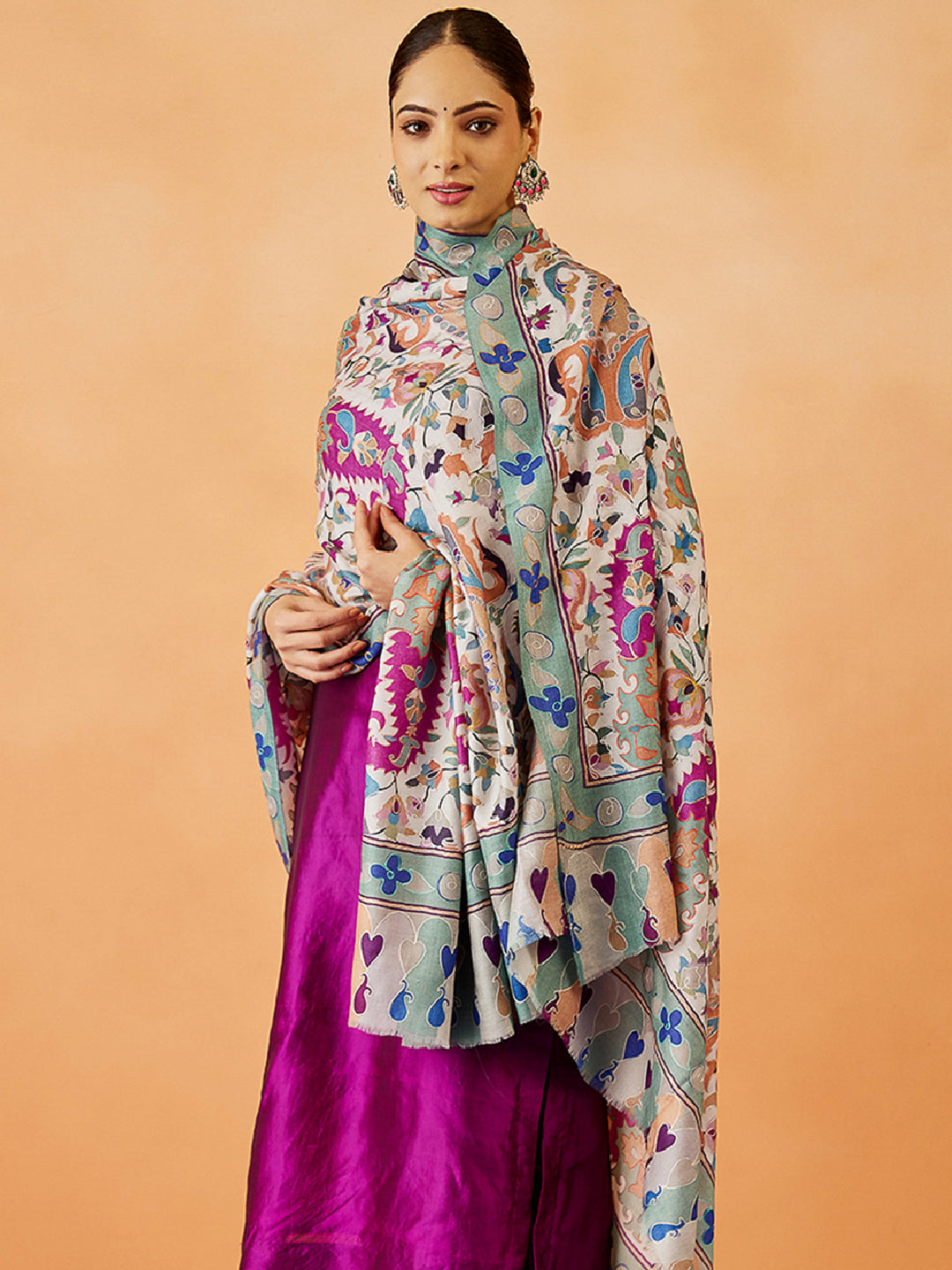 Women Zehra Fine Wool Fabric Pashmina Kalamkari Embroidered Shawl (Size: 101x203 CM)