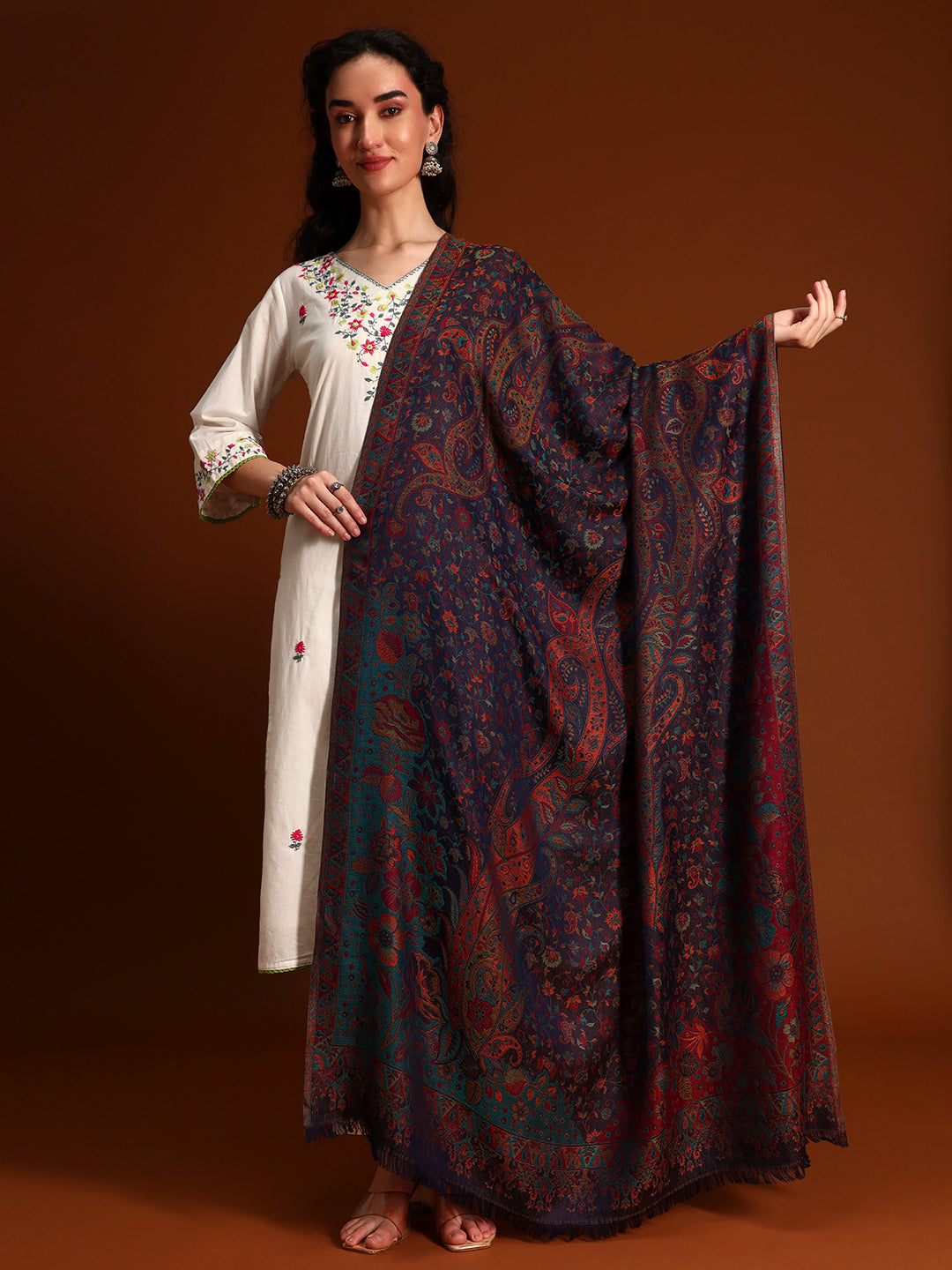 Pashmoda Women Floral Heritage Kaani Elegance Wool Blend Kashmiri Shawl, Stole, Scarf | Luxury Pashmina Jamawar Soft Warm Evening Wrap (Size 40X80 inches )