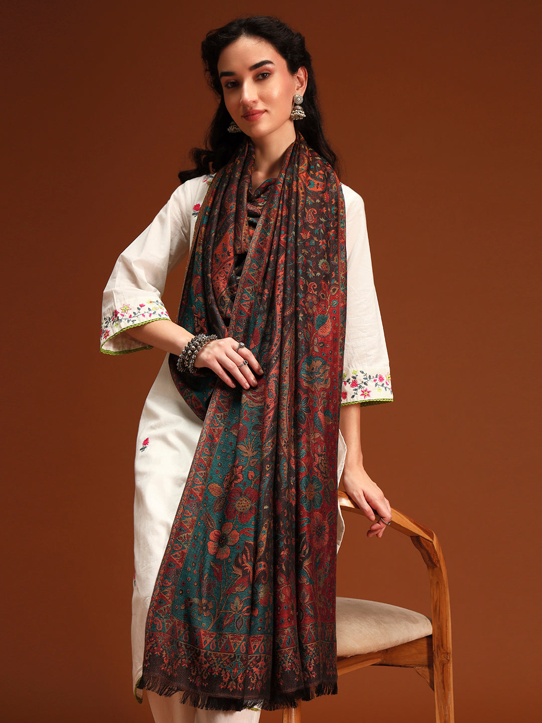 Pashmoda Women Floral Heritage Kaani Elegance Wool Blend Kashmiri Shawl, Stole, Scarf | Luxury Pashmina Jamawar Soft Warm Evening Wrap (Size 40X80 inches )