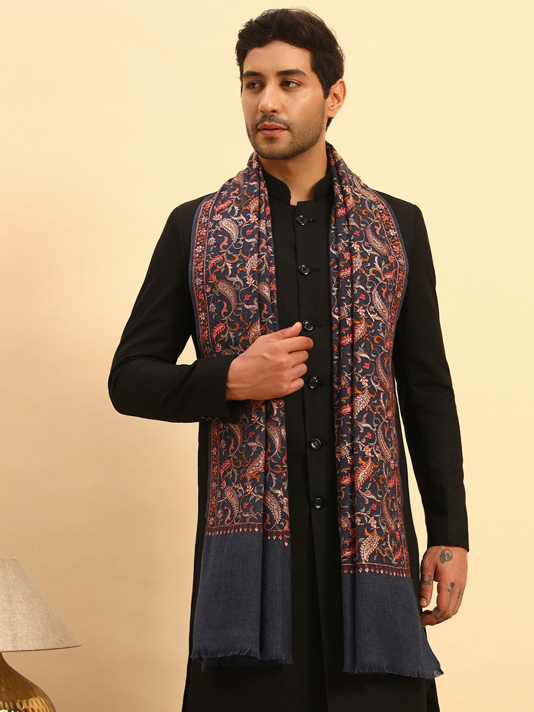 His and Her Gift Set of 100% Pure Wool Sozni Embroidered Stole and Kaani Shawl With Wooden Gift Box