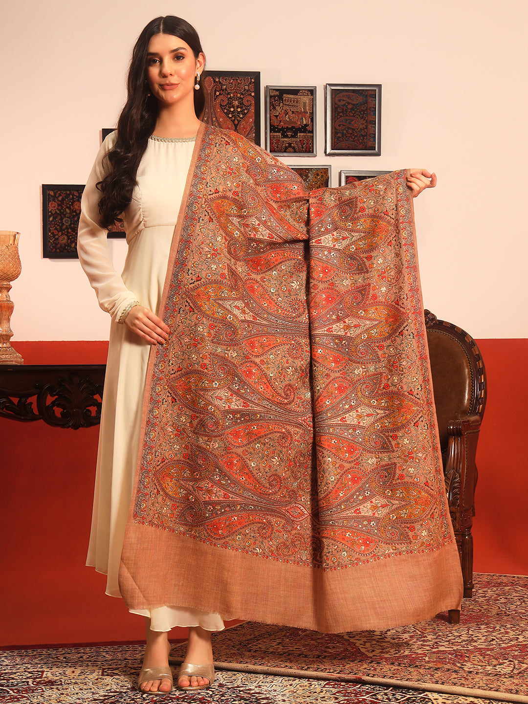 Pashmoda Women Mahnoor 100% Pure Wool Sozni Hand Embroidered Shawl (Size: 101x203 Cm)