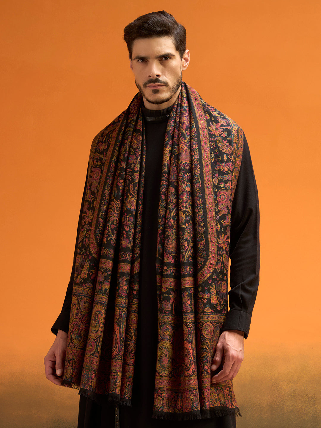 Pashmoda Men Kaani Orchard Fine Wool Kaani Shawl, Authentic Kashmiri Pashmina Style Wrap, Medium Gents Lohi, Traditional Jamawar Woven Design, Gift Box Packed, Black Colour (40 x 80 Inches)