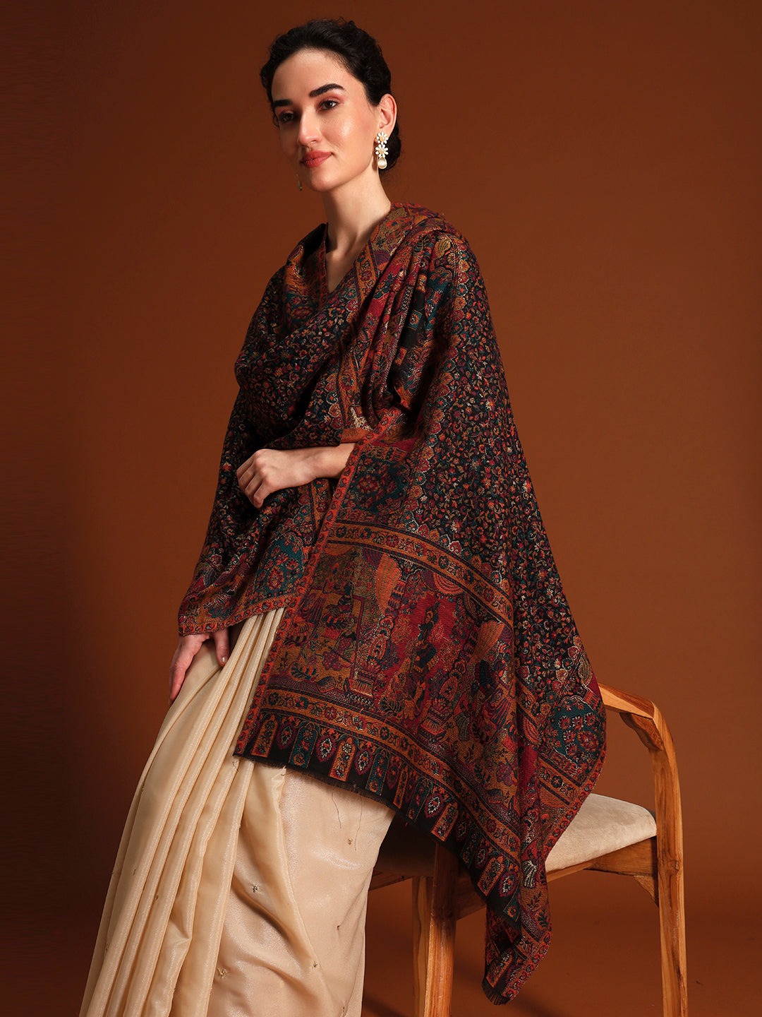 Pashmoda  Imperial Autumn Canopy kaani stole Stole for Women, Wool Blend Pashmina Style Shawl Wrap, Traditional Kashmiri Jamawar Woven Design, Luxury Evening & Festive Scarf (28 x 80 Inches)