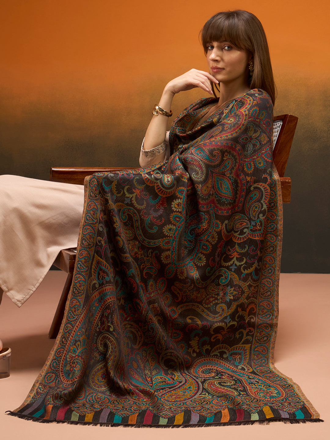 Pashmoda  Imperial Ambi Kaani Stole for Women, Wool Blend Pashmina Style Shawl Wrap, Traditional Kashmiri Jamawar Woven Design, Luxury Evening & Festive Scarf (28 x 80 Inches)
