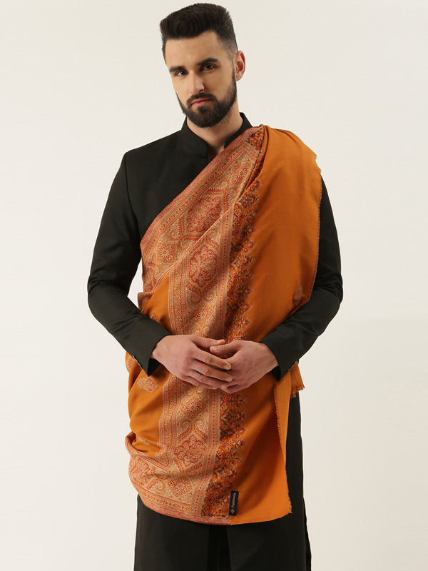 Men Jamawar Shawl, Authentic Kashmiri Luxury Pashmina Style Shawl, Size: 101x203 CM, Mustard Color