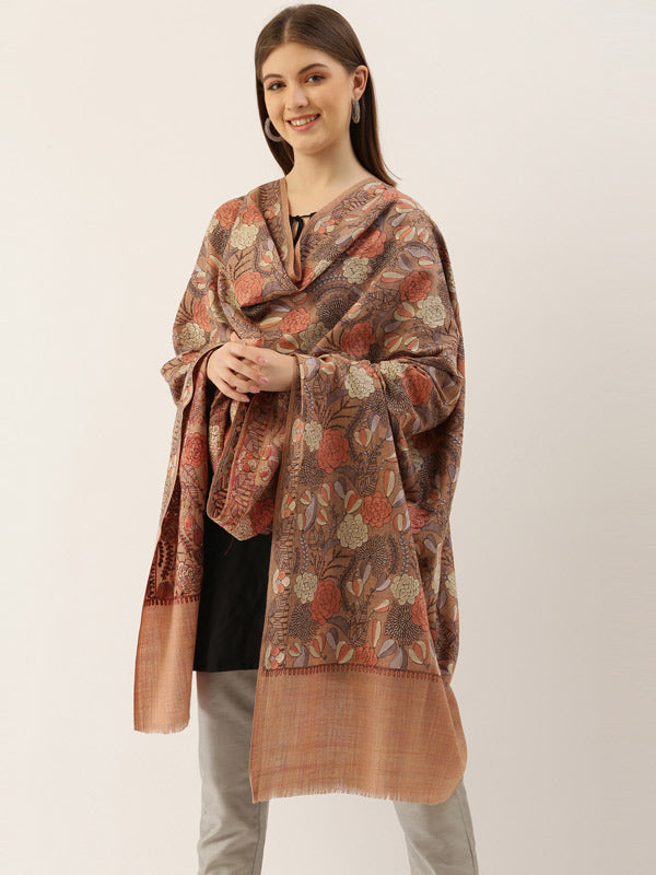 Women's Beige Pure Wool Crystal Work and Aari Embroidered Shawl (Size : 101X203 CM)
