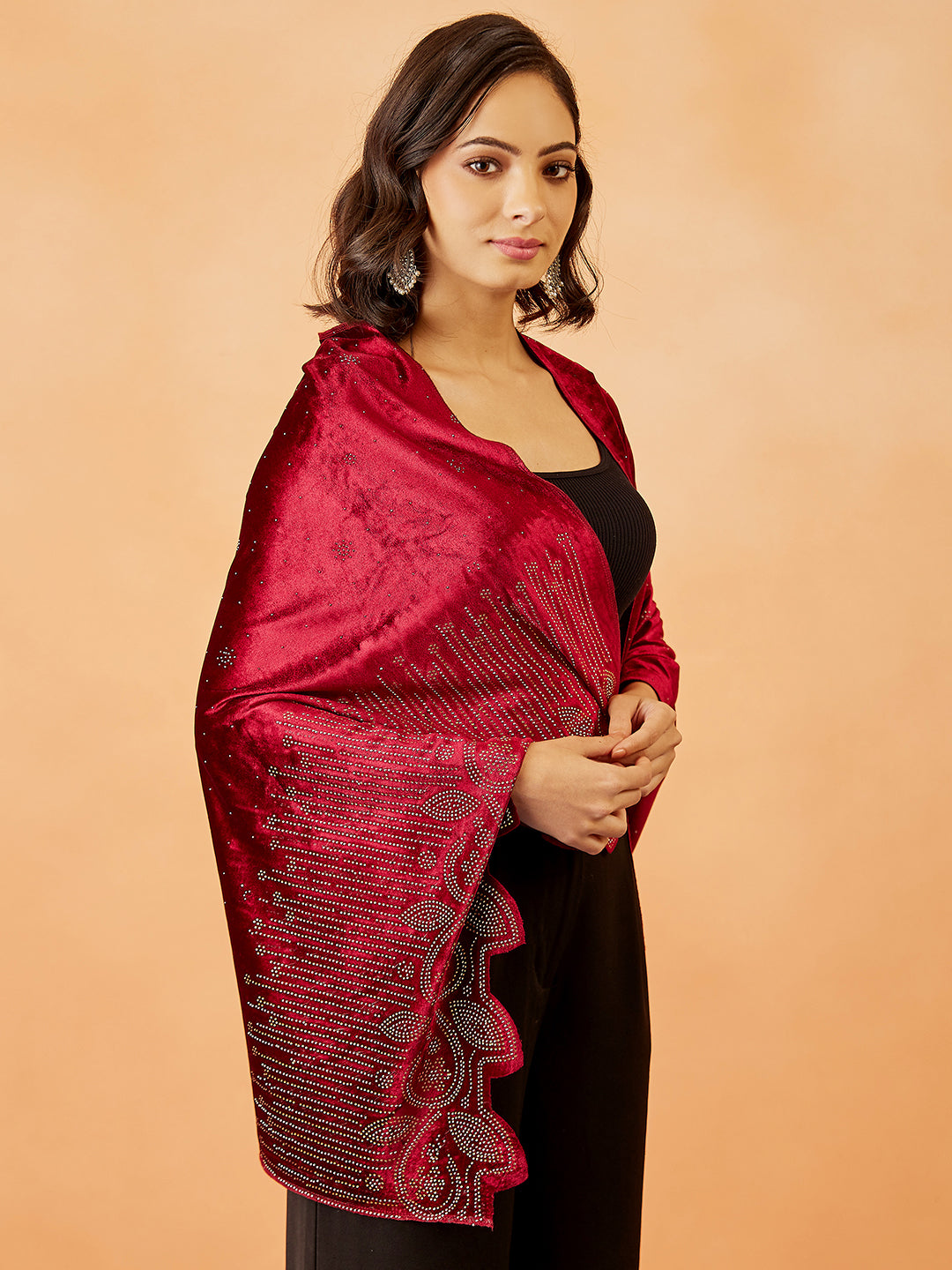 Women Gulrukh Velvet Swarovski Crystal Work Stole (Size: 71x203 CM)