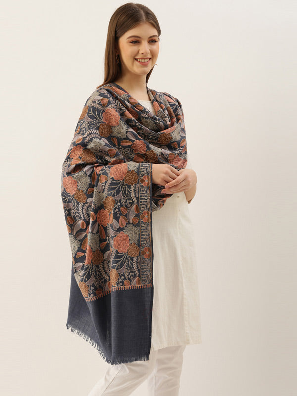 Navy Blue Pure Wool Embroidered Shawl (Size: 101 X 203 Cms)