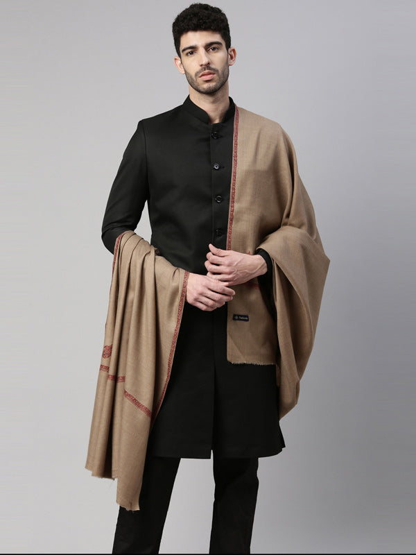 Men Hashiya Embroidered Woollen Shawl (Size 131x268 cms, Beige Color)