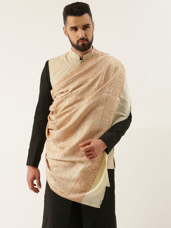 Men Jamawar Shawl, Authentic Kashmiri Luxury Pashmina Style Shawl, Size 40x80 Inches, White Color