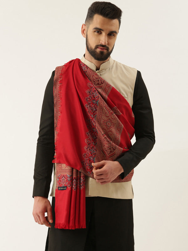 Men Jamawar Shawl, Authentic Kashmiri Luxury Pashmina Style Shawl, Size: 101x203 CM, Maroon Color