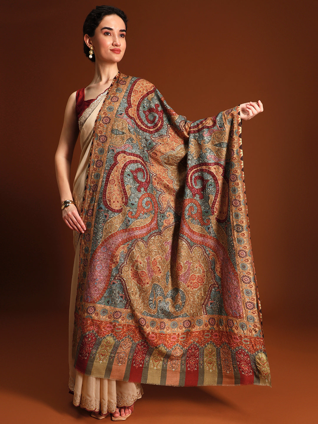 Women Kashish Fine Wool Fabric Kalamkari Embroidered Shawl