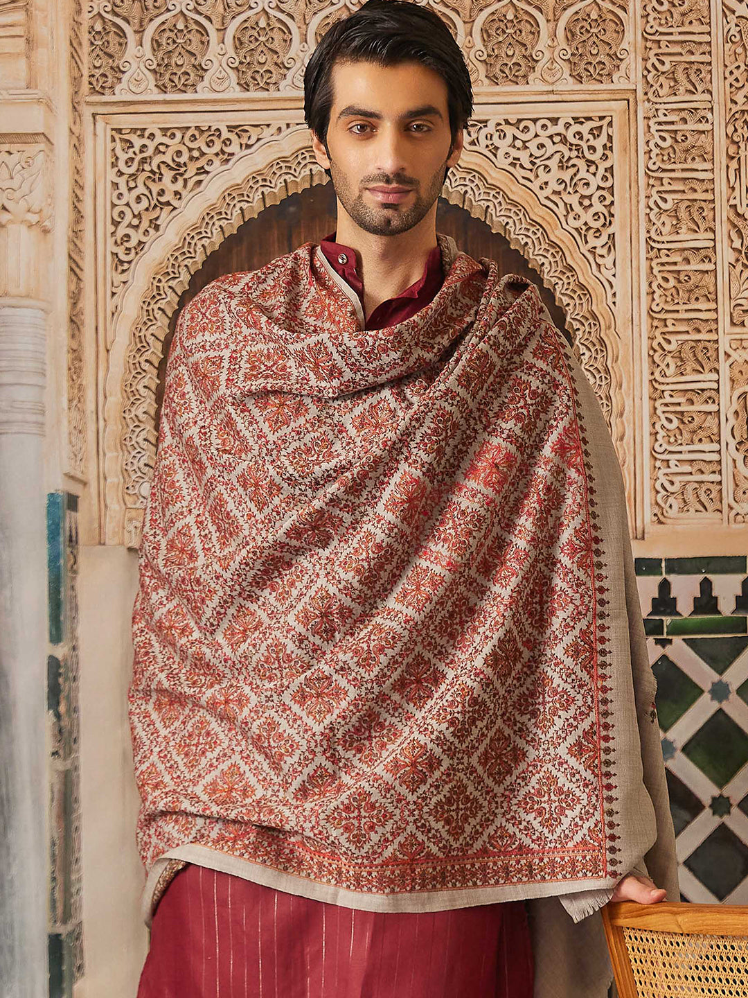 Pashmoda Men 100% Pure Wool Fabric Sozni Embroidered Shawl (Size: 101x203 Cm)