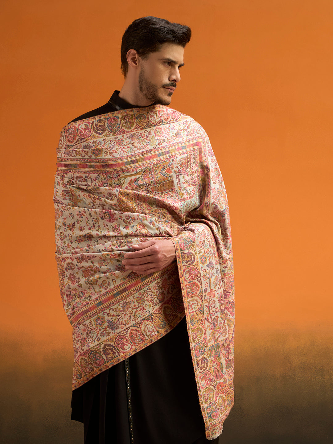 Pashmoda Men Shahi Manzar Fine Wool Kaani Shawl, Authentic Kashmiri Pashmina Style Wrap, Medium Gents Lohi, Traditional Jamawar Woven Design, Gift Box Packed, White Colour (40 x 80 Inches)