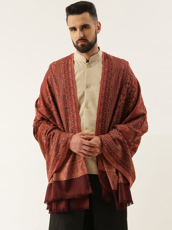 Men Jamawar Shawl, Authentic Kashmiri Luxury Pashmina Style Shawl, Size: 101x203 CM, Brown Color