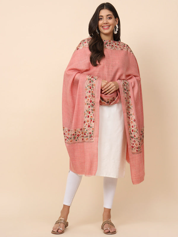 Women Light Pink Pure Wool Nalki Embroidered Stole (Size 71X203 CM)
