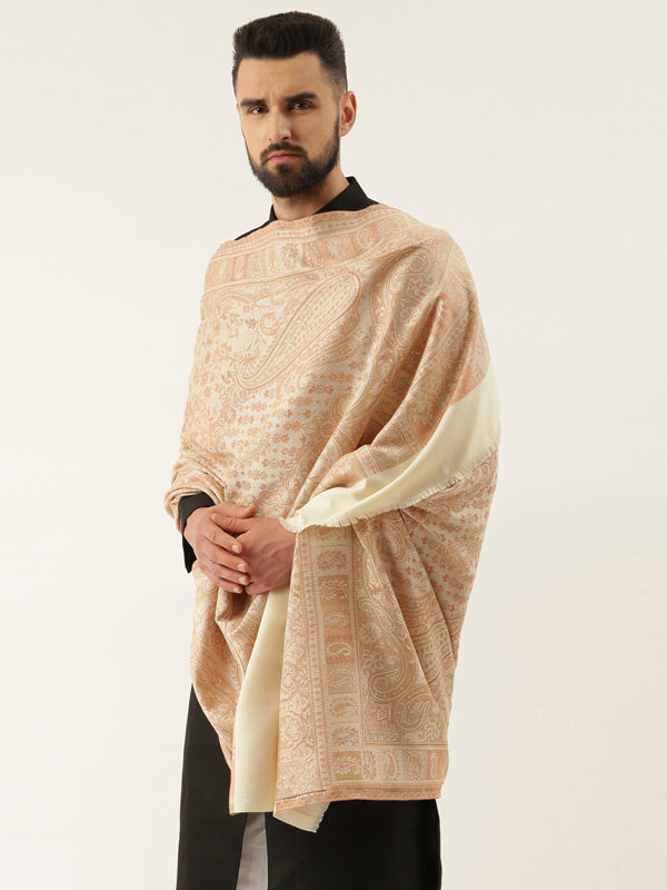 Men Jamawar Shawl, Authentic Kashmiri Luxury Pashmina Style Shawl, Size: 101x203 CM, White Color