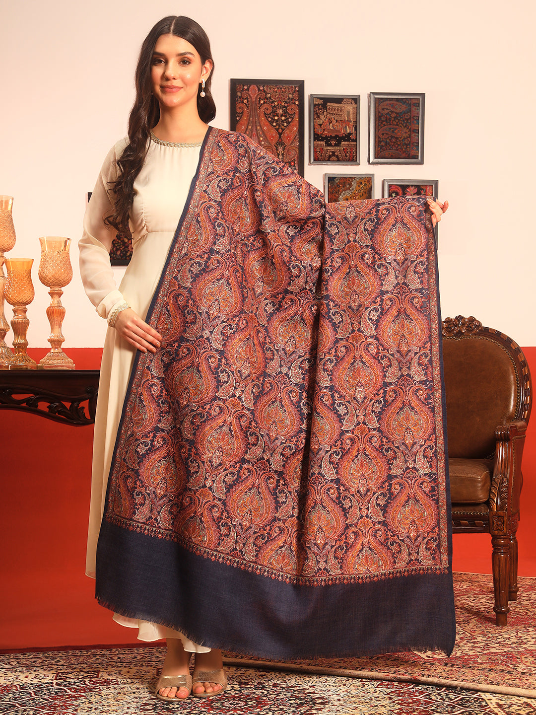 Pashmoda Women Rehnan 100% Pure Wool Sozni Hand Embroidered Shawl (Size: 101x203 Cm)