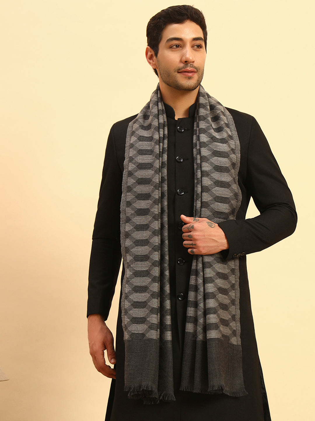 Pashmoda Men Kavya Ikat 100% Pure Wool Checkered Stole (Size :71X203cm)