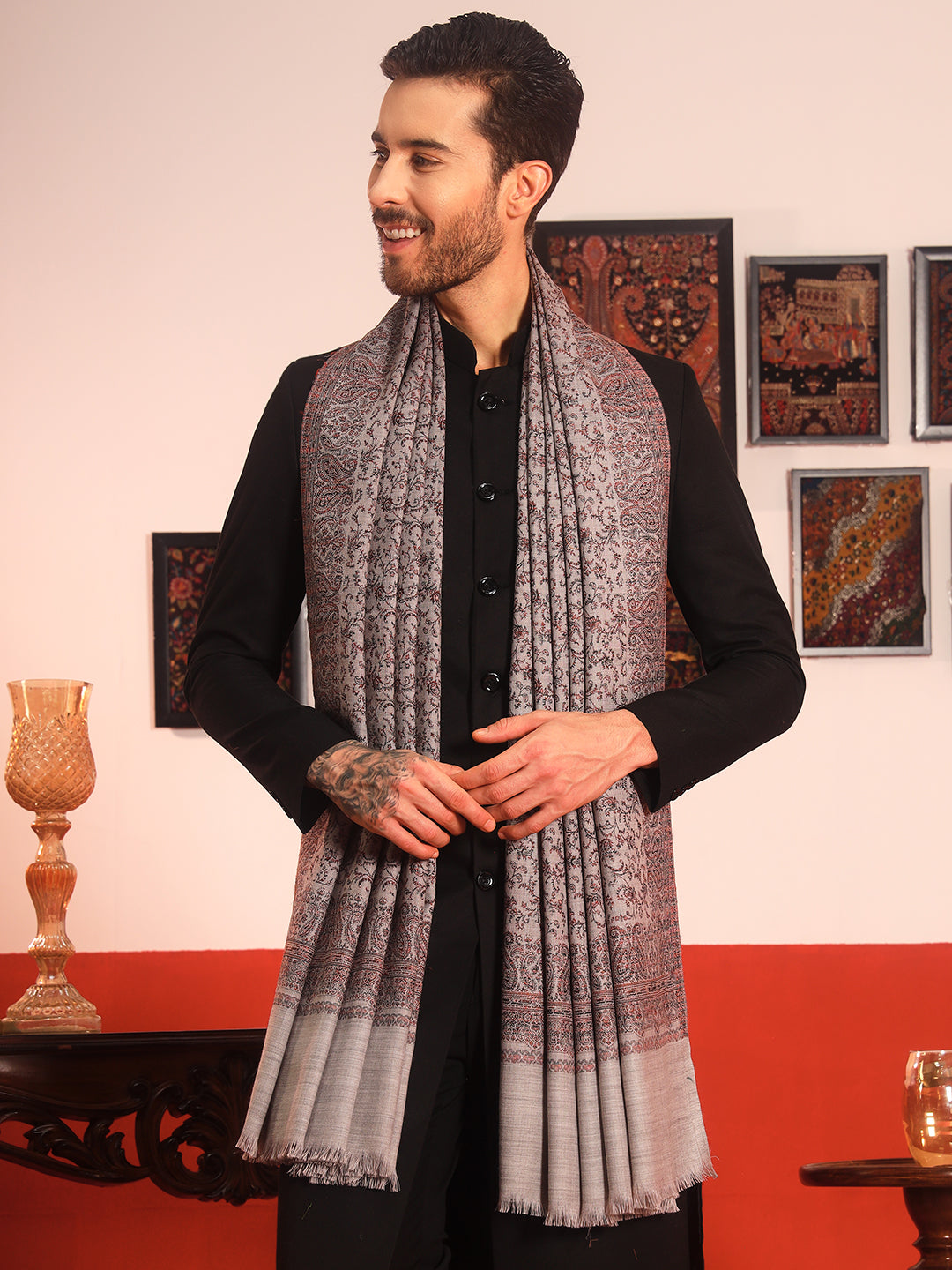 Pashmoda Men Meher Jaal Kashmiri Jamawar Woven Shawl (Size: 101X203 CM)