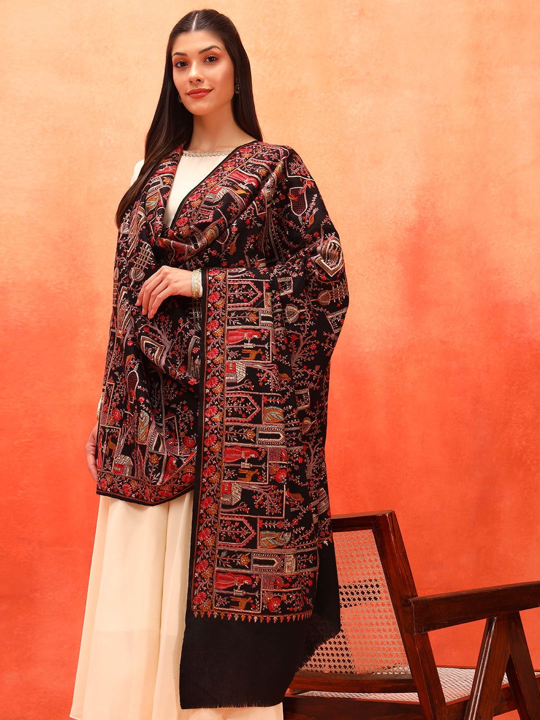 Pashmoda Women Arwina 100% Pure Wool Sozni Hand Embroidered Shawl (Size: 101x203 CM)