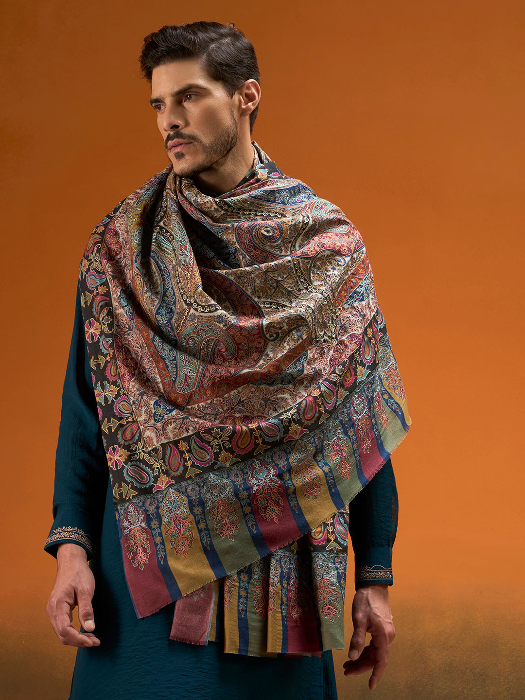 Men rangrez Fine Wool Kalamkari Embroidered Shawl