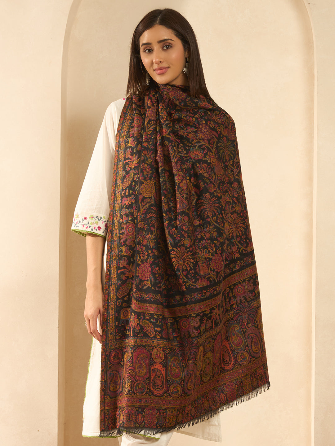 Pashmoda Women Orchard Kaani Wool Blend Kashmiri Shawl, Stole, Scarf | Luxury Pashmina Jamawar Soft Warm Evening Wrap (Size 40X80 inches )