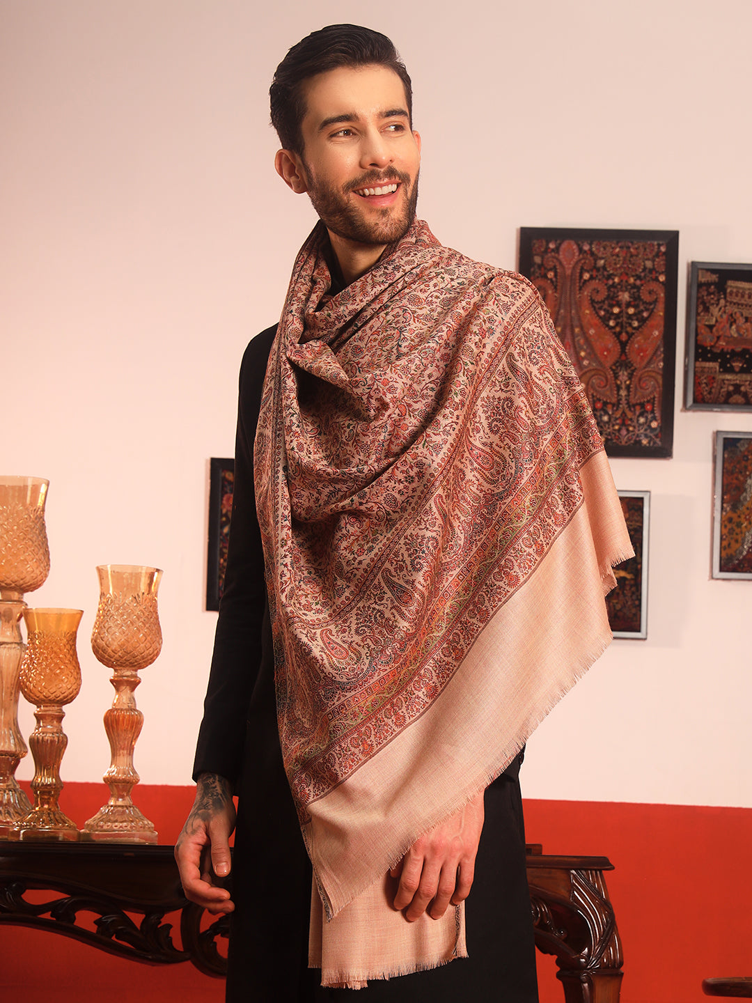 Pashmoda Men Jalwaa Kashmiri Jamawar Woven Shawl (Size: 101X203 CM)