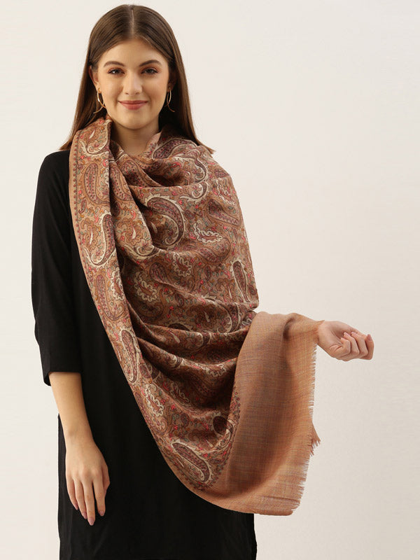 Beige Pure Wool Embroidered Shawl (Size: 101 X 203 CM)