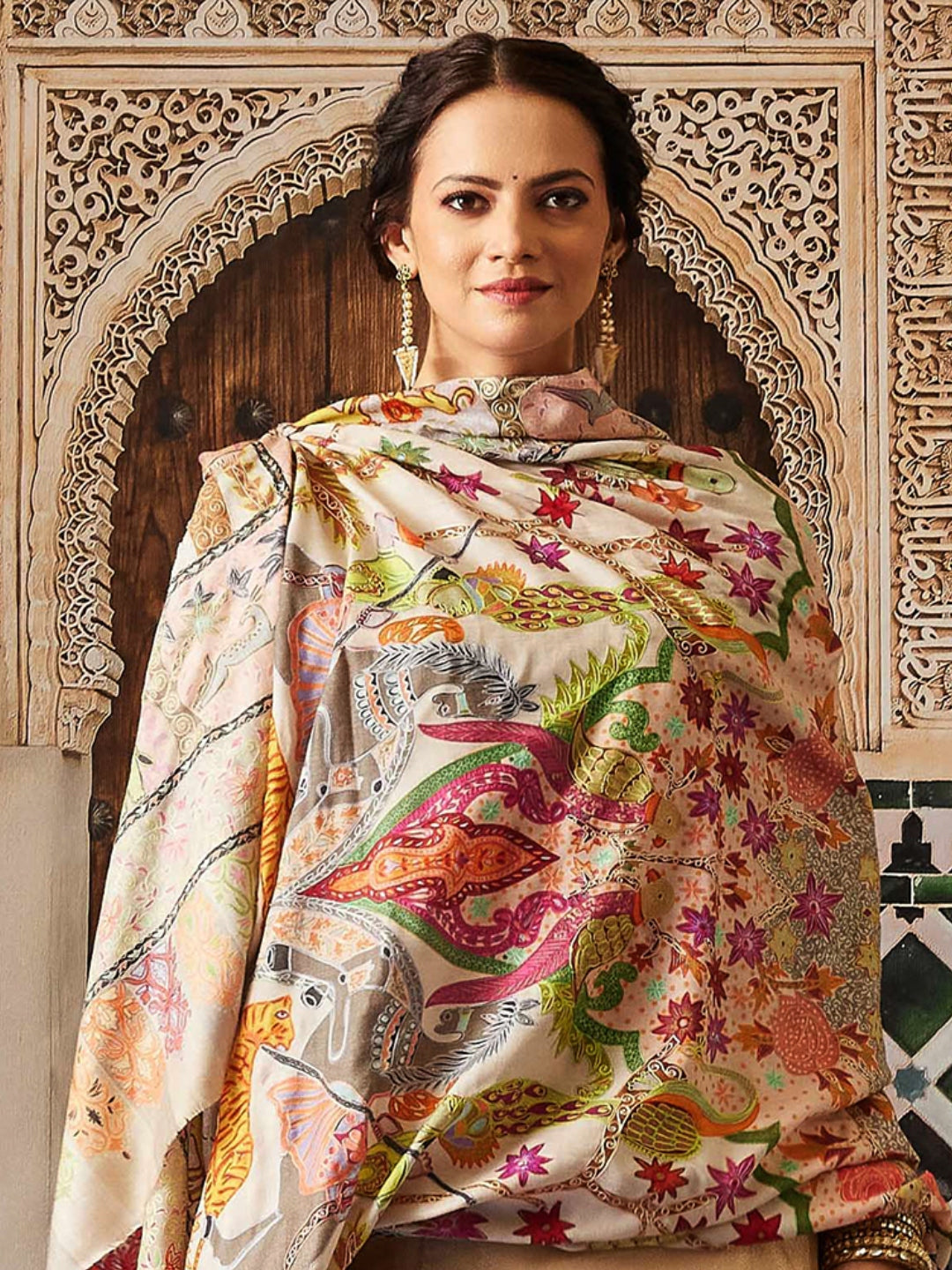 Women Aafreen Fine Wool Fabric Pashmina Kalamkari Embroidered Shawl (Size:  101x203 CM)