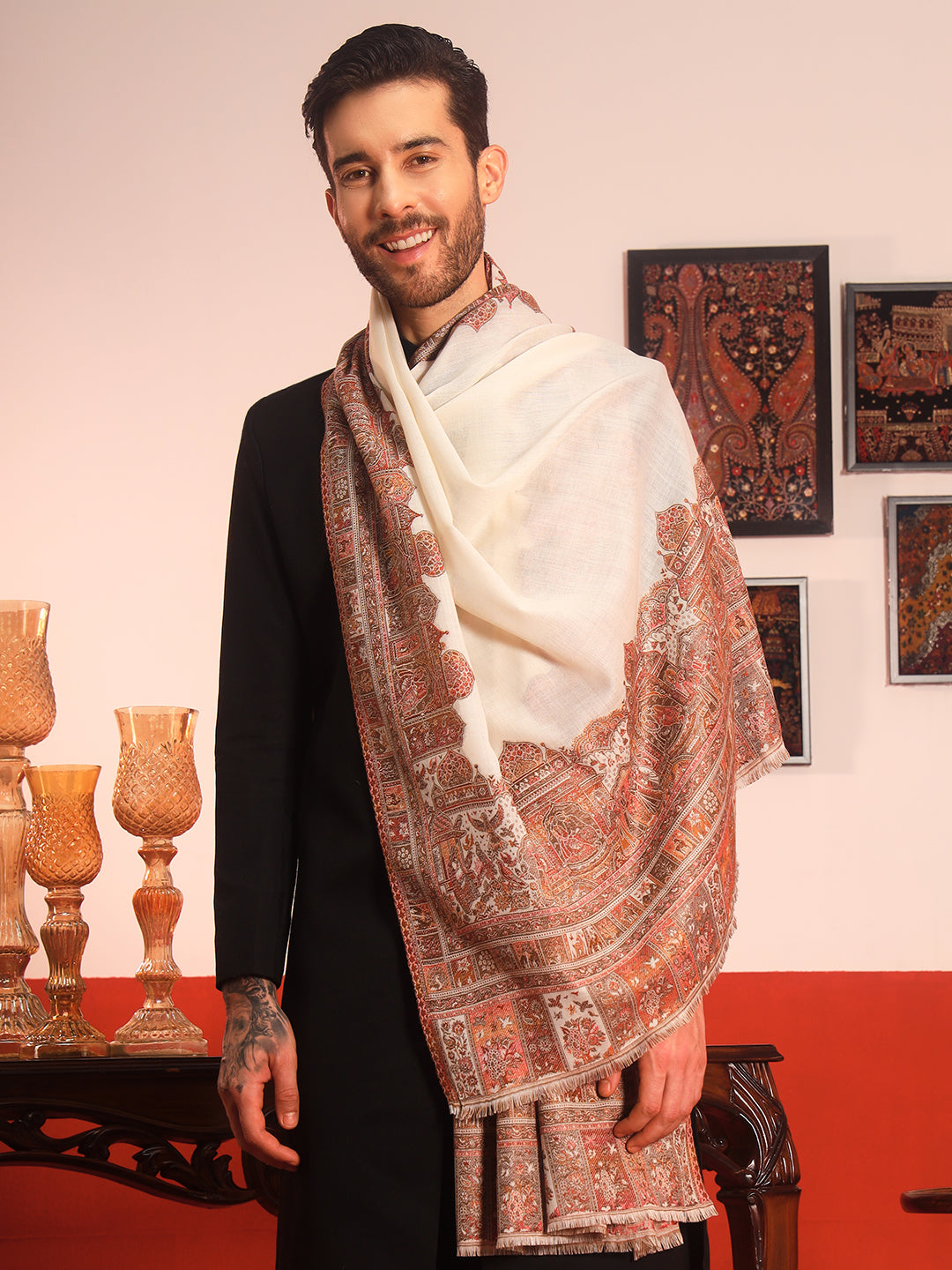 Pashmoda Men Arcadia Borders Kashmiri Jamawar Woven Shawl (Size: 101X203 CM)