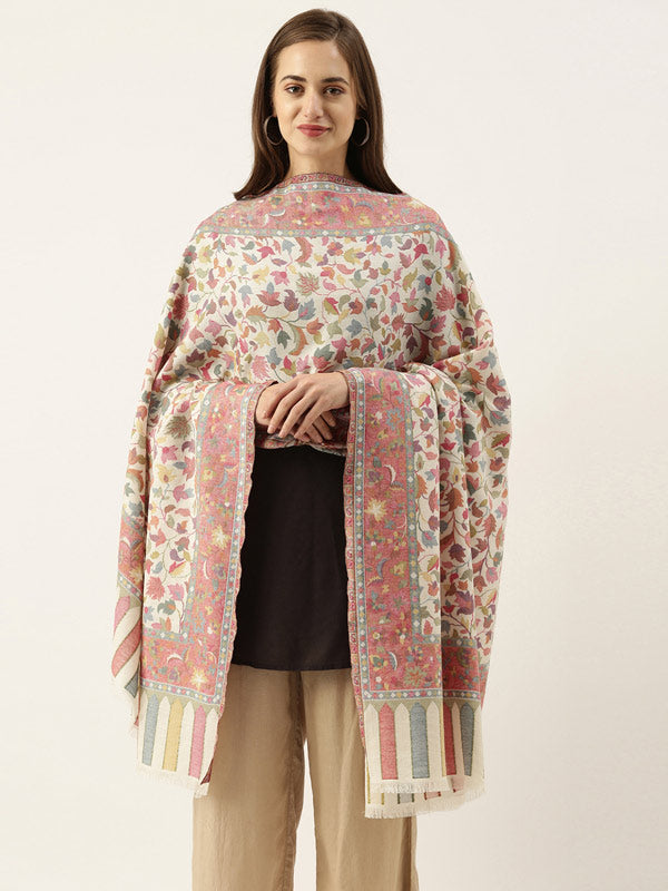 Women's White Kaani Woven Design Shawl (Size : 101X203 CM)