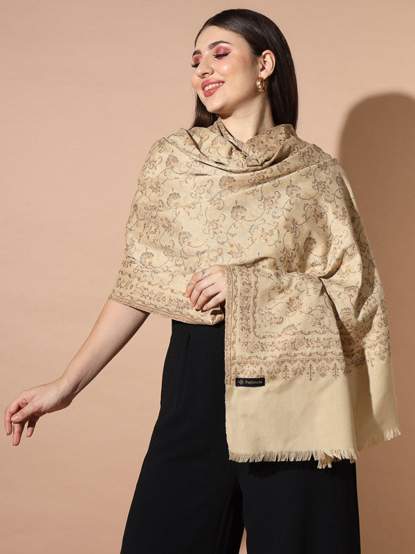 Women Beige Woven Design Jamawar Shawl (Size 101X203 CM)