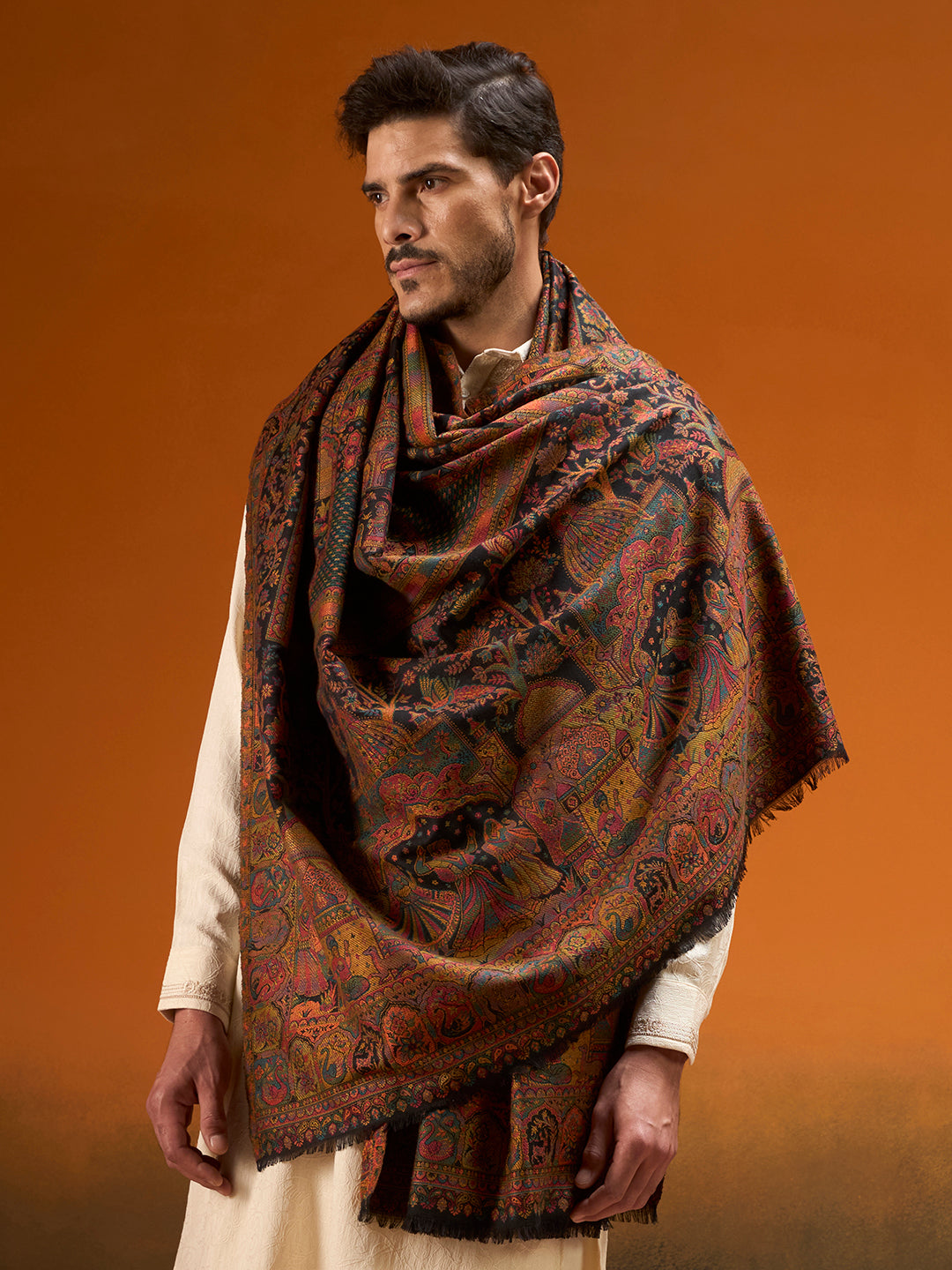 Pashmoda Men Shahi Manzar Fine Wool Kaani Shawl, Authentic Kashmiri Pashmina Style Wrap, Medium Gents Lohi, Traditional Jamawar Woven Design, Gift Box Packed, Black Colour (40 x 80 Inches)