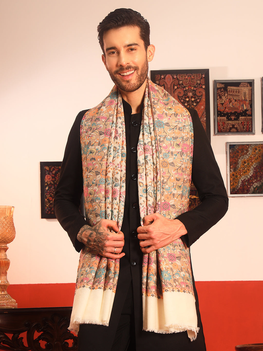 Pashmoda Men Meher Kaani Wool Blend Kashmiri Shawl (Size: 101X203 CM)
