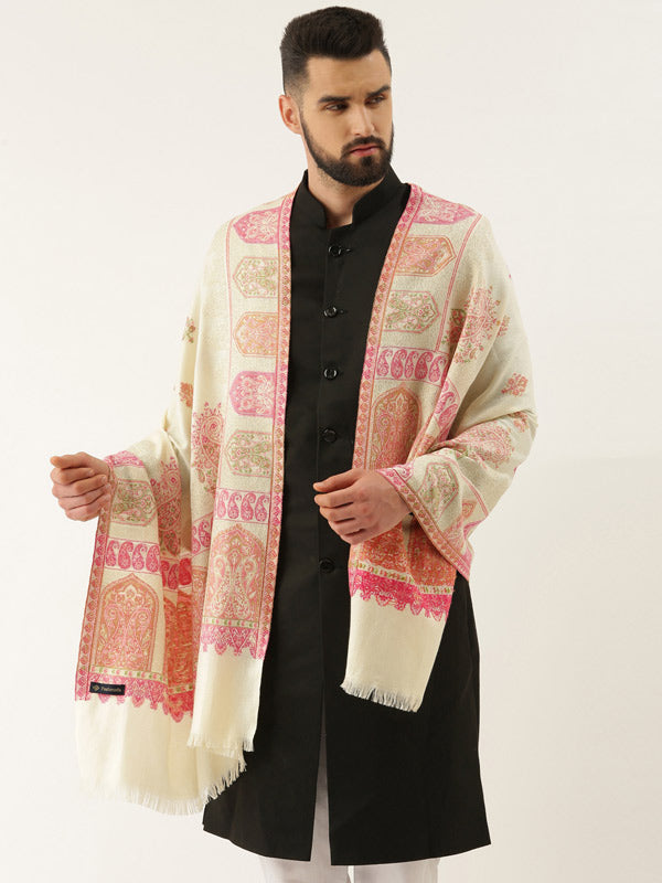 Men Kaani Stole with Zari Weave, Authentic Kashmiri Luxury Pashmina Style Stole, Size 72X208 CM, Black Color