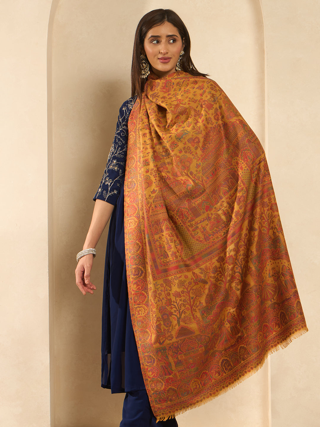 Pashmoda Women Shahi Manzar Kaani Wool Blend Kashmiri Shawl, Stole, Scarf | Luxury Pashmina Jamawar Soft Warm Evening Wrap (Size 40X80 inches )