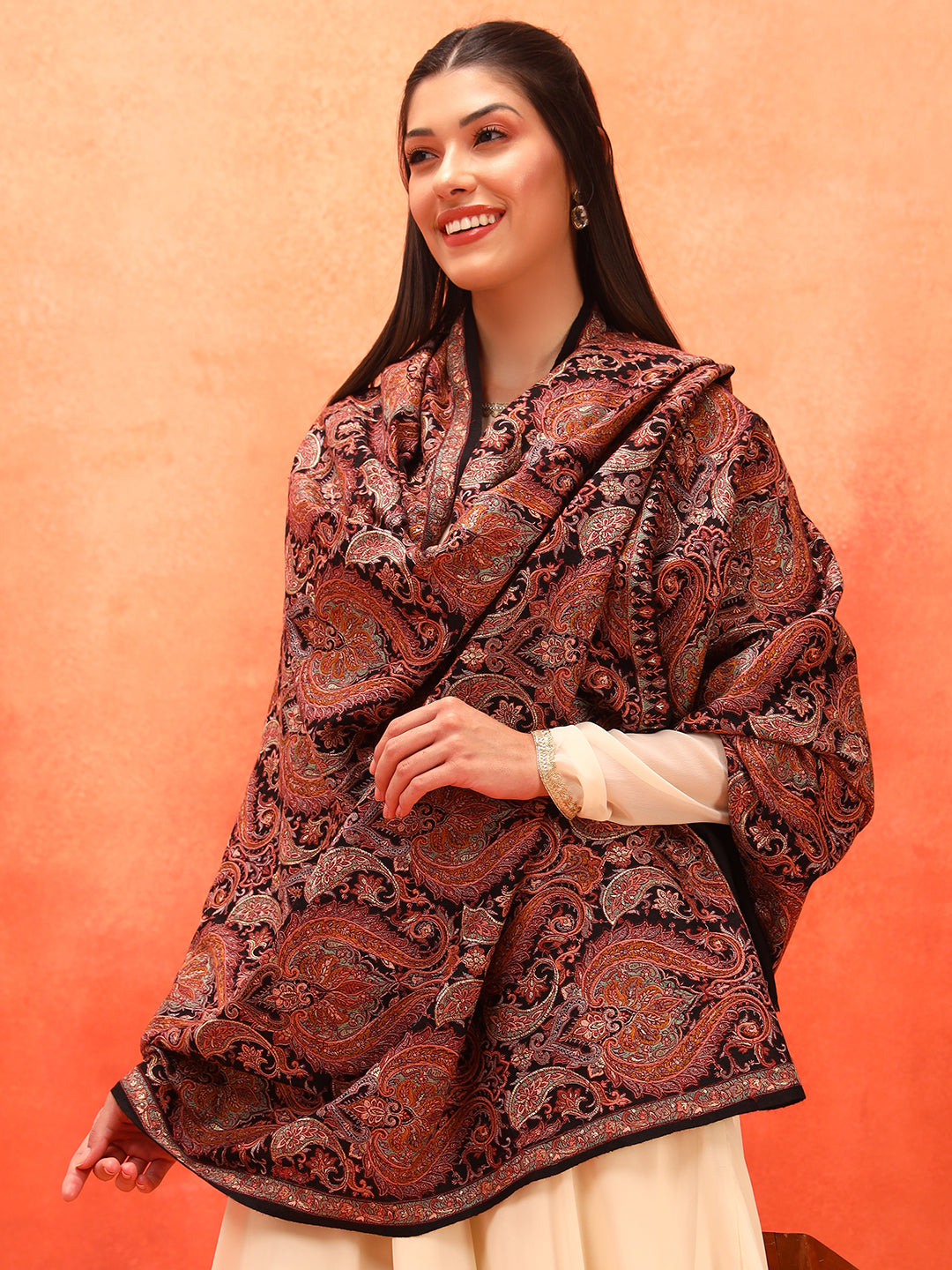 Pashmoda Women Rehnan 100% Pure Wool Sozni Hand Embroidered Shawl (Size: 101x203 Cm)