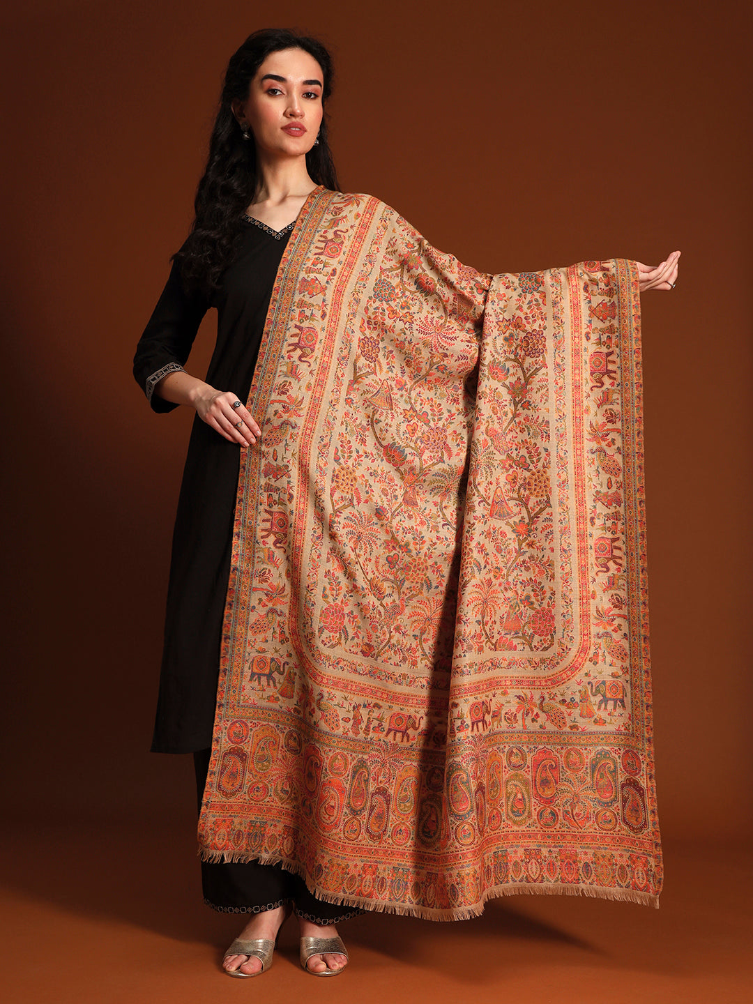 Pashmoda Women Orchard Kaani Wool Blend Kashmiri Shawl, Stole, Scarf | Luxury Pashmina Jamawar Soft Warm Evening Wrap (Size 40X80 inches )