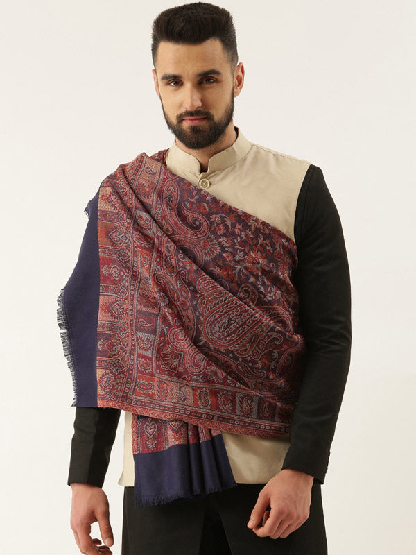 Men Jamawar Shawl, Authentic Kashmiri Luxury Pashmina Style Shawl, Size: 101x203 CM, Navyblue Color