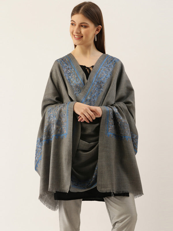 Grey Pure Wool Embroidered Shawl (Size: 101 X 203 CM)