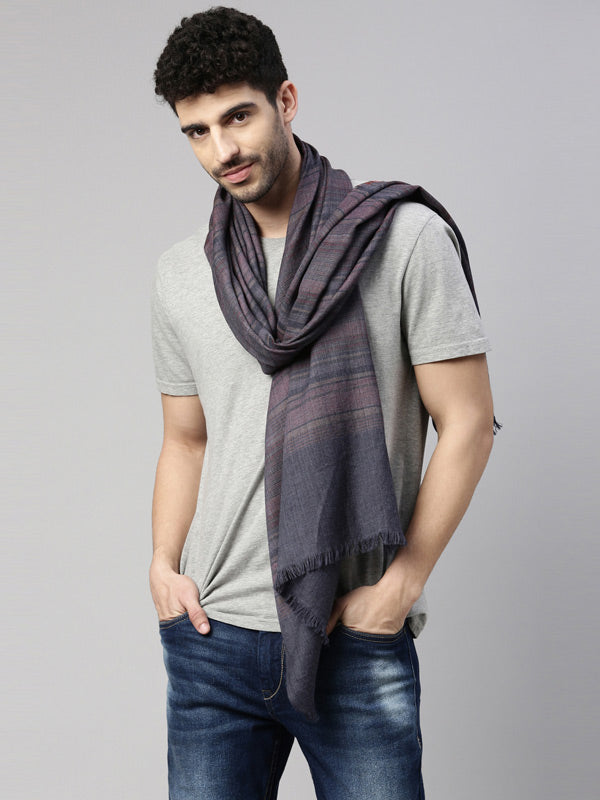 Men Pure Wool Striped Stole (Size: 71x203 CM, Navyblue Color)