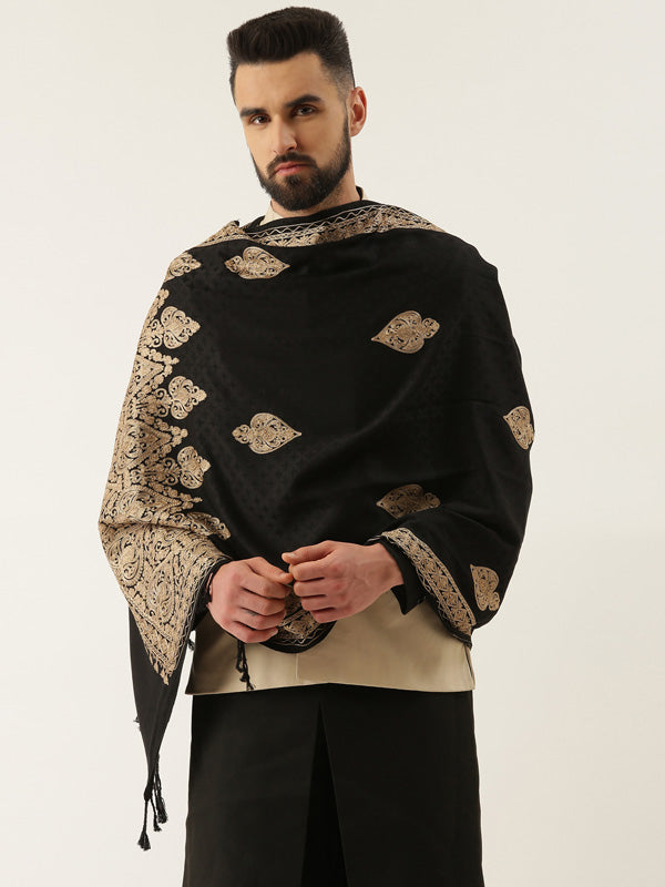 Men’s Kashmiri Embroidery Stole, Shawl, Authentic Kashmiri Luxury Pashmina Style Shawl, Stole, Medium Size for Gents, Size 28x80 Inches, Black Color